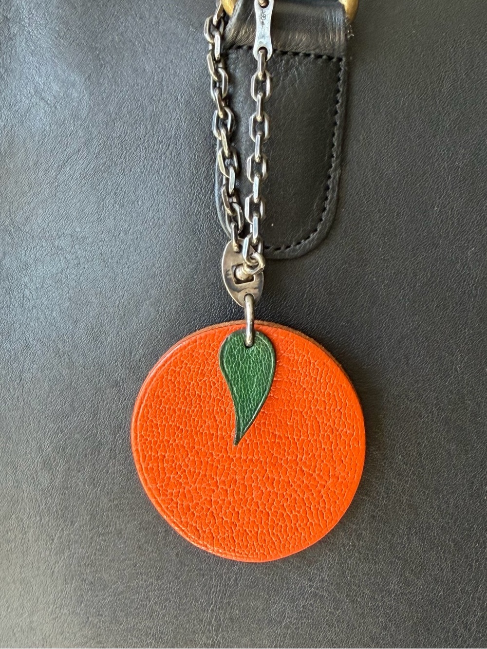 Hermès Orange Fruit Bag Charm Keychain Chevre Mysore w/ Sterling Silver Chain